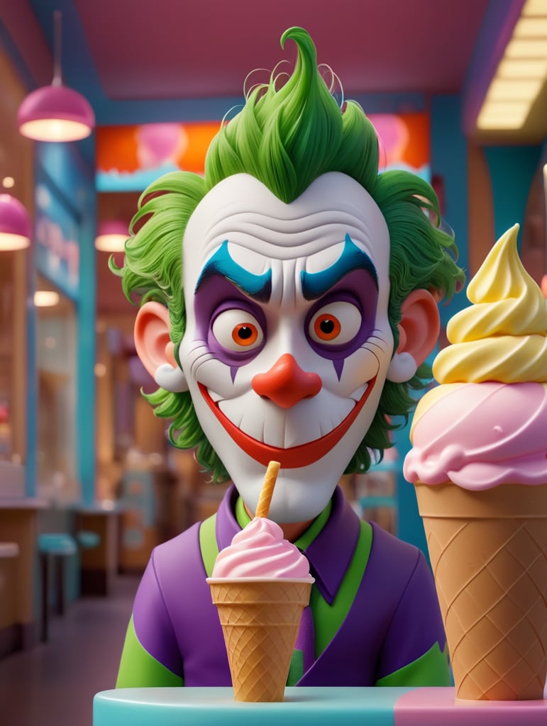 A portrait of the sad joker looking sad in an ice cream shop, in the style of a cartoon, bright and saturated colors, depth of field