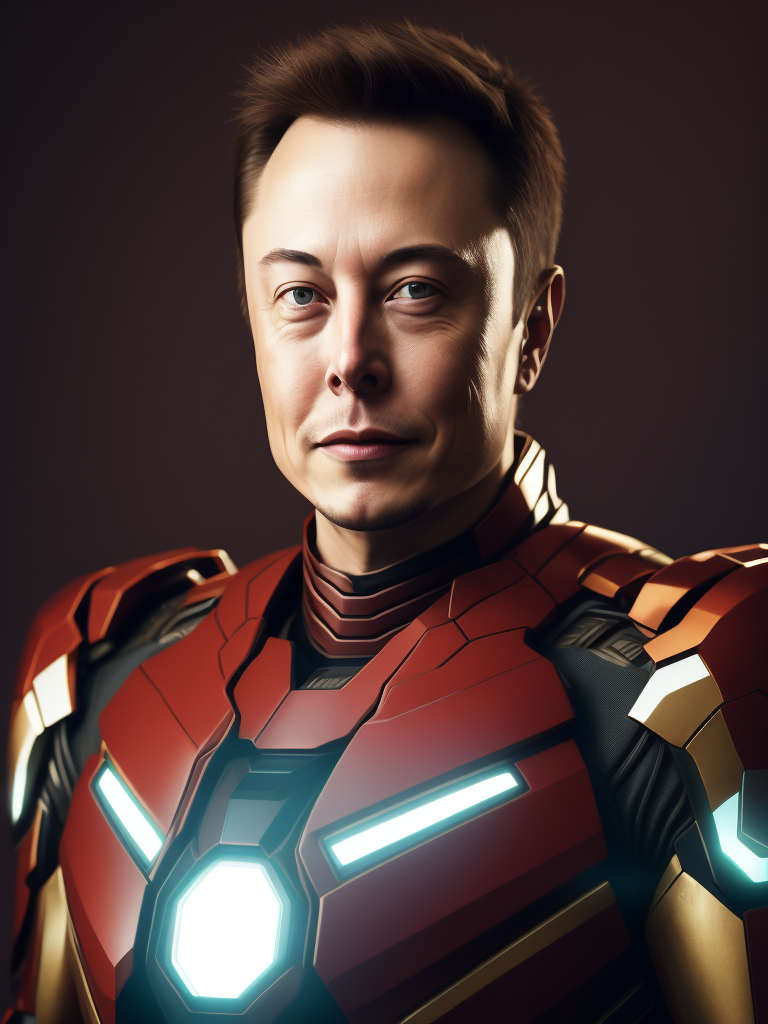 Portrait of Elon Musk in the Iron Man suit from the Marvel Universe, high definition, photography, cinematic, detailed character portrait, detailed and intricate environment,