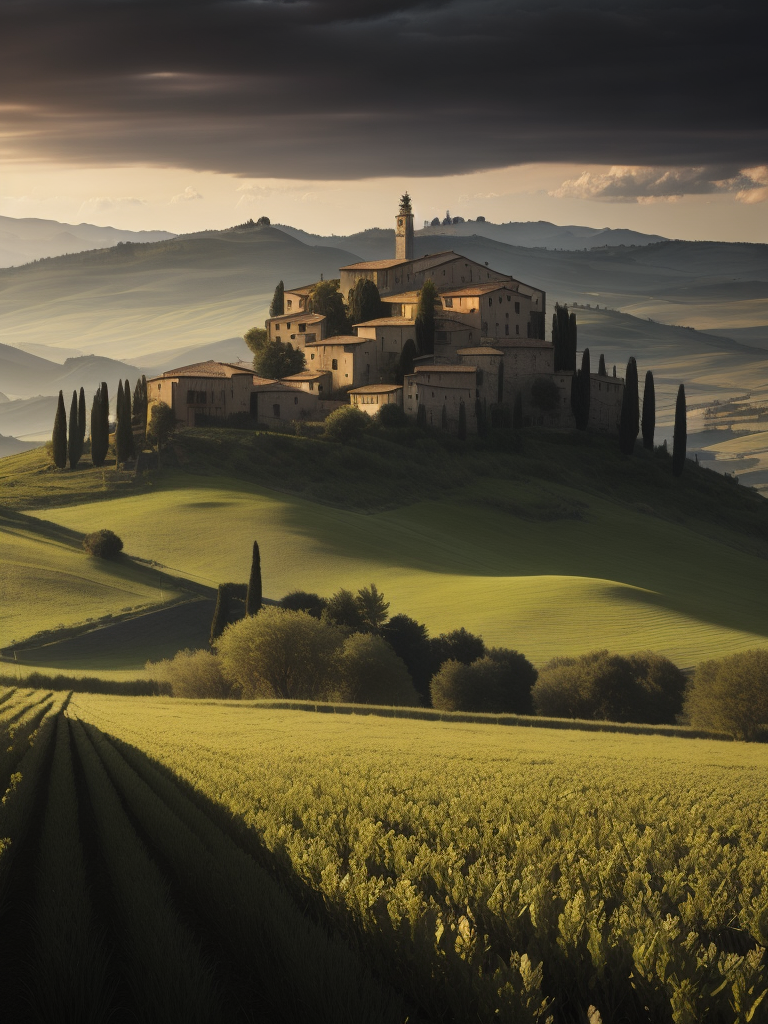 Italian landscape tuscany, photorealistic, serene, peaceful, majestic, high detail, landscape, ultra hd, matte painting, highly detailed, concept art, contrast light, deep colors