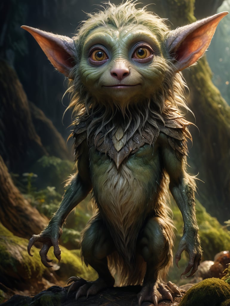 A Gelfling extra furry animal like with out clothes princess full body life size from the Dark Crystal Hyperrealistic, splash art, concept art, mid shot, intricately detailed, color depth, dramatic, high definition