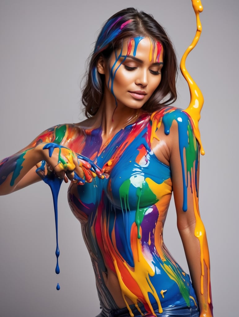 Woman with colorful paint on her body and arms, melted body, the paint is flowing, creative, bright colors