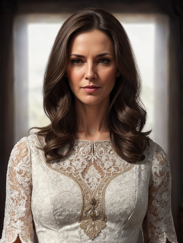 A 40-year-old woman with straight dark brown hair wearing a Dress modestly, Half-body close-up photos,