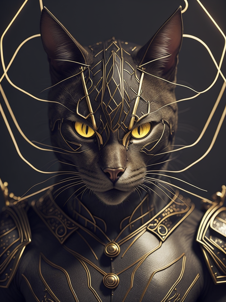 [anthropomorphism cat man], full body,in full growth, glowing eyes, looking at viewer, dark fantasy demon, gothic cyber, horror egyptian mythology, mysterious golden metal wires, fractional shiny crystals, cult ritual, (masterpiece:1.2) :: (best quality:1.2) :: (intricate) :: (wallpaper), global illumination, ray tracing,