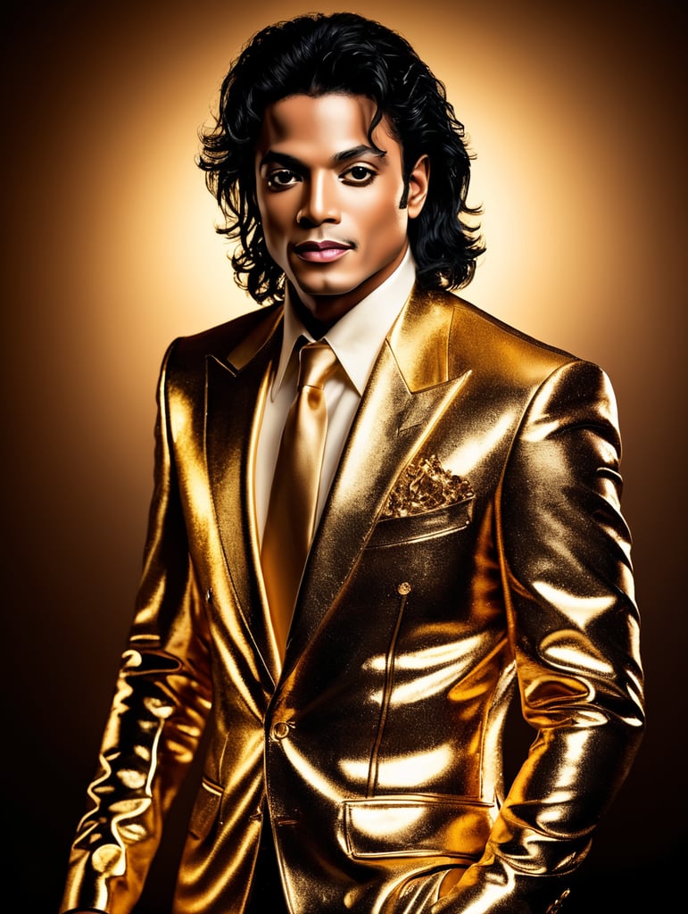Portrait of Michael Jackson dressed in golden chrome suit, dark gradient background, Vivid saturated colors, Contrast light, studio photo, professional photo, Detailed image, detailed face