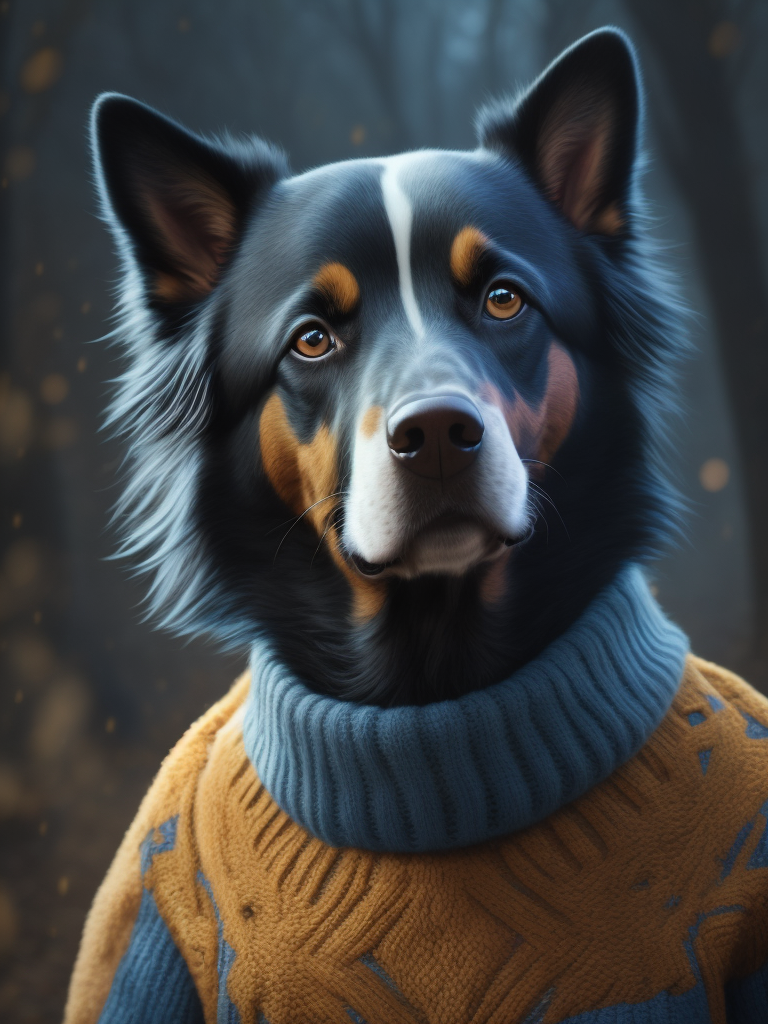 a dog in a blue sweater