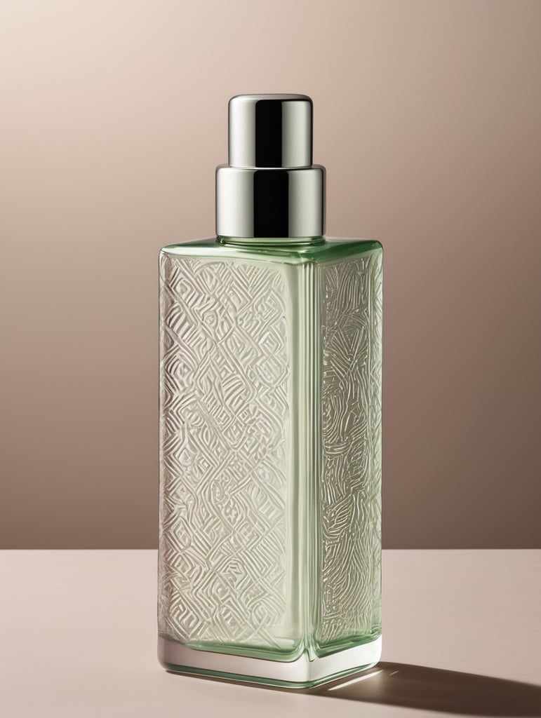 Rectangular skincare bottle with relief of rectangular patterns on glass