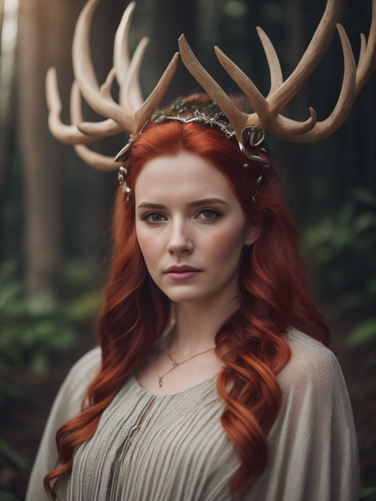 celtic pagan red haired woman wearing antlers on her head, goddess, beautiful, in a forest