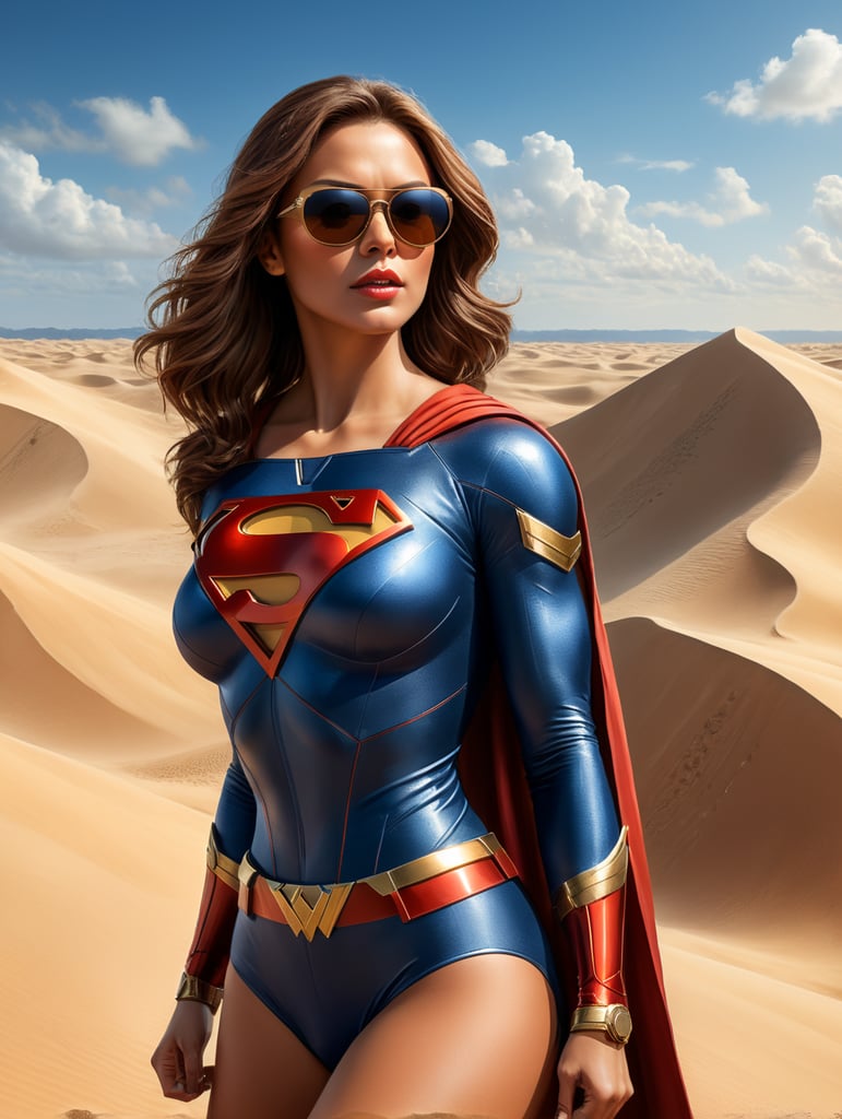 Superwoman ANNA, with brown hair, wearing big square sunglasses. Big letter A on breast. Levitating over sand dunes. Headline in big letters ANNA. A poster in comicbook style