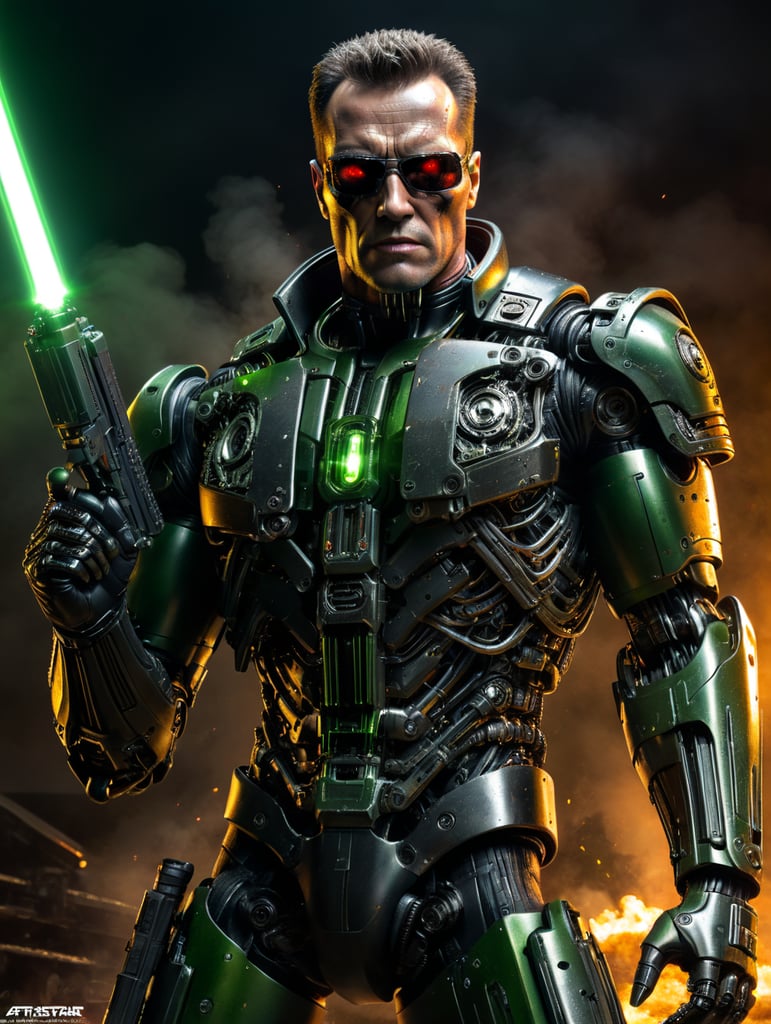 terminator t-800 with no skin holding laser gun that shoots a green laser beam