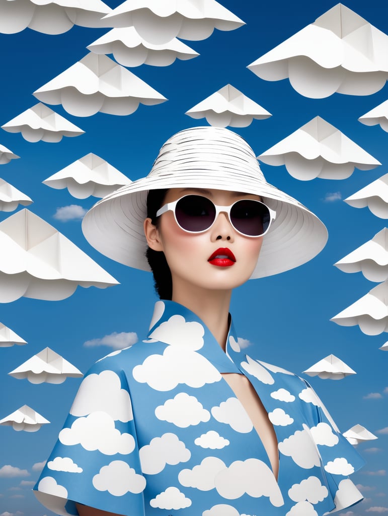 Paper clouds in the sky. Albino japanese model. paper stacked everywhere. paper hat, clothes and paper sunglasses. wind blows paper around sky. paper clouds. paper hang from sky.