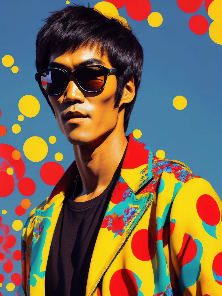 Bruce Lee wearing a brightly patterned jacket and wayfarer glasses, Vivid saturated colors, Contrast color