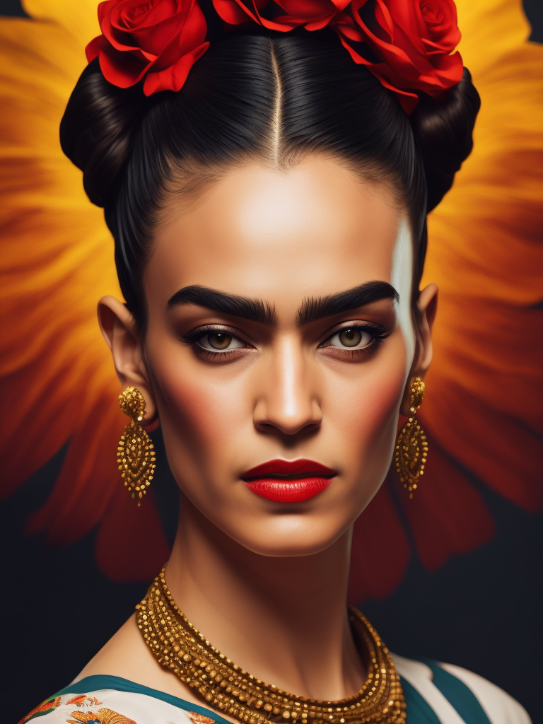 Portrait of Frida Kahlo, bright and saturated colors, elegant, highly detailed, vogue, fashion magazine, sharp focus, bright expressive makeup, dramatic lighting, depth of field, incredibly high detailed, blurred background