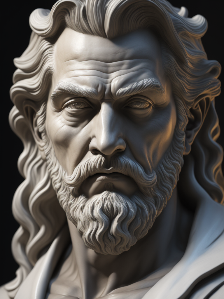 A realistic portrait white greek marble statue of a zeus, black background, moody, angry, photorealistic, movie scene, super detailed, hyperrealistic