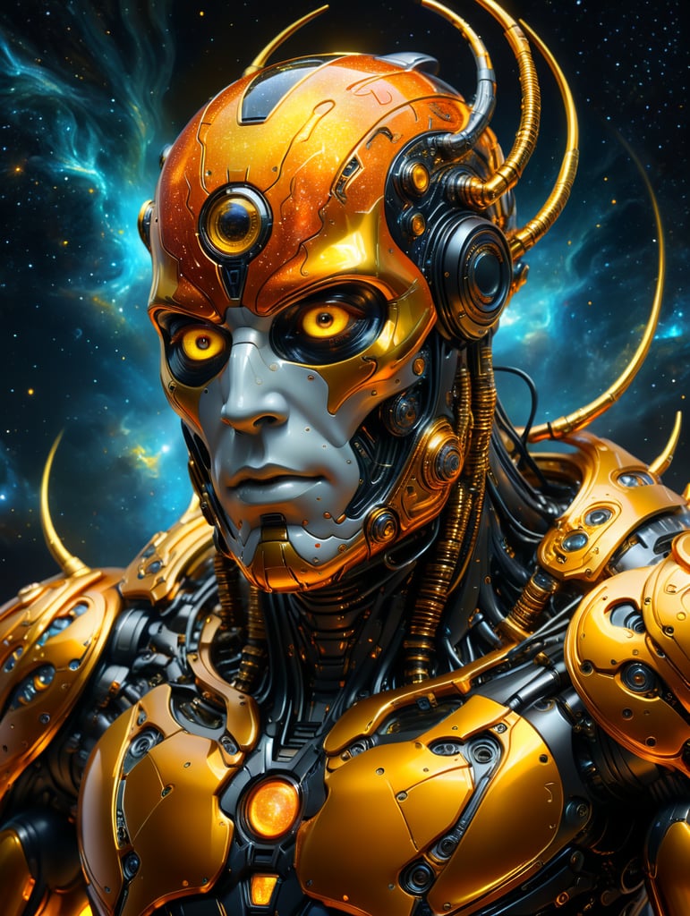 A cyborgtech celestial humanoid being made of pure stardust and pulsing energy floating in astral cosmos. Intense yellow orange black gold colors. Digital art, hyper detailed, masterpiece, high quality, depth of field, ultra HD