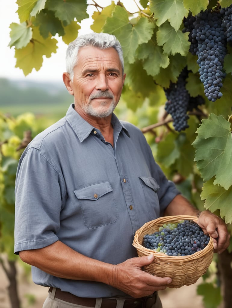 Portrait of an elderly winemaker with gray short hair, man holding a bunch of grapes, looking at the grapes