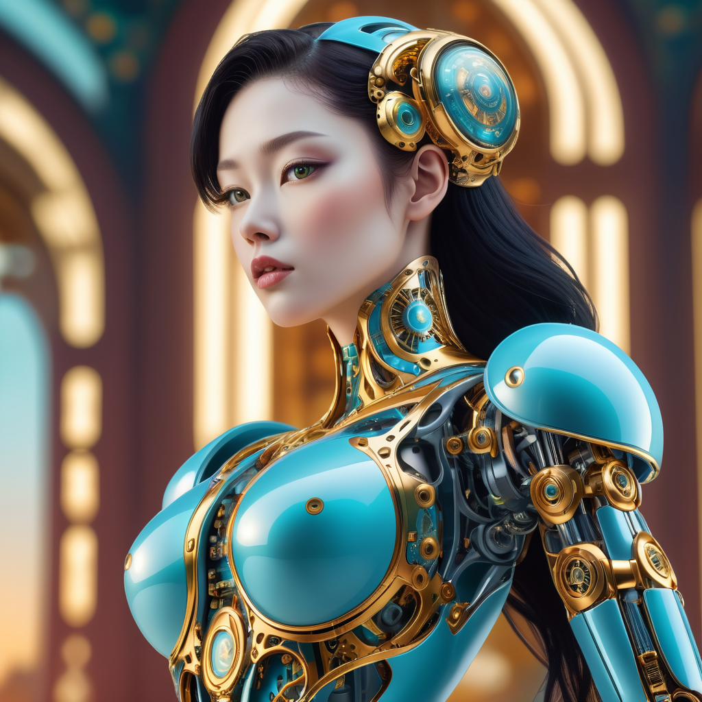 A female robot with an art Nouveau cyberpunk aesthetic, body is made from a delicate mechanical ornamental exterior reminiscent of a delicate gleaming porcelain and gold trimmed filigree should reveal a hollow see through body, hyper-surrealistic detailed 3d rendering digital art style, background galaxy sky