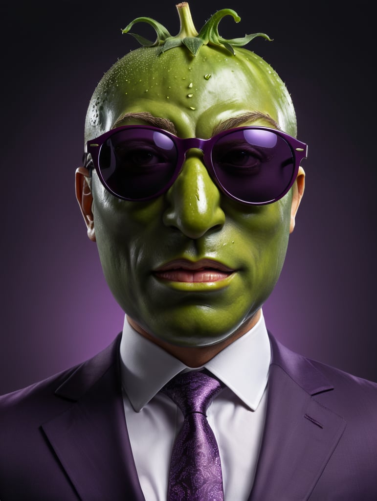 A man in a business suit with a eggplant for a head, dark purple background, sunglasses, isolated