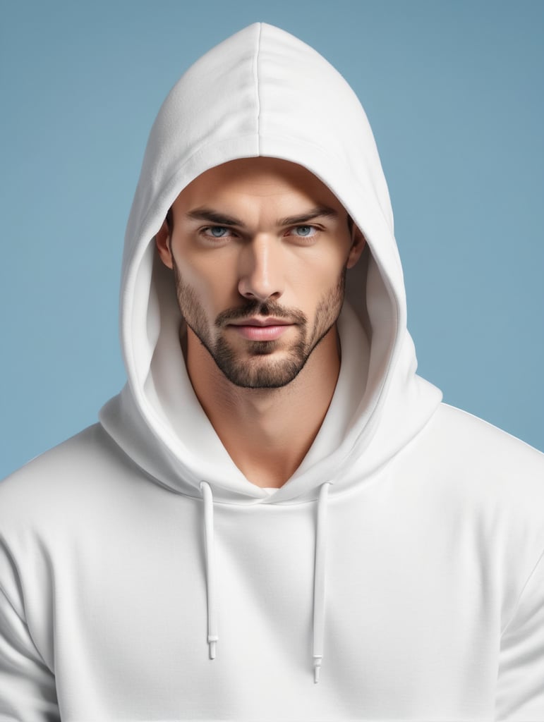 a man wearing blank white hoodie, isolated, blue background, style of Miles Aldridge, mockup, mock up