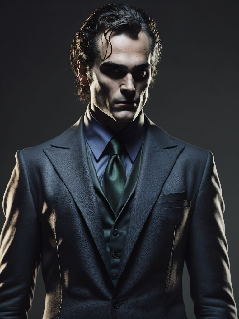 Joaquin Phoenix as Bruce Wayne in Batsuit in Batman Game in Joker Makeup, Full Body