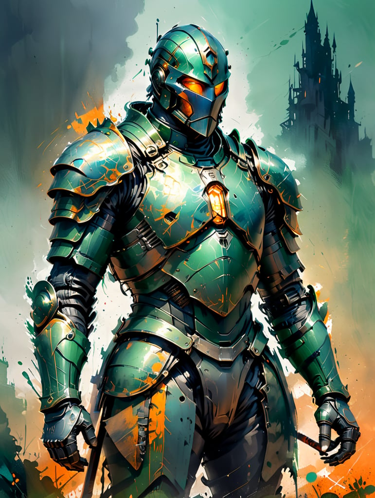 Medieval knight, iron green armor, after the battle, epic photo no helmet