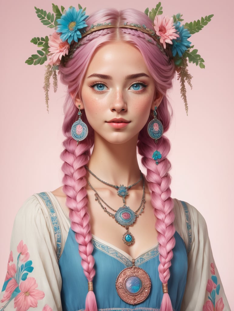 In RPG character drawing style. Young human woman with clearly visible llama ears holding aloft on her head. She has blue eyes. Pink hair styled in two braids. She wears an old medallion around her neck where a flower is represented. Her head is topped with a simple flower crown. She is wearing a long, light bohemian style dress with a floral pattern.