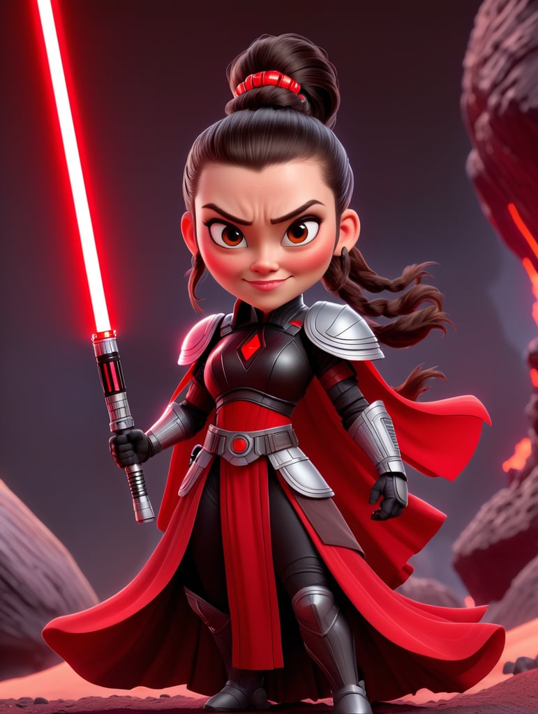 Crazy, funny 30 year old female, pale skin, straight dark brown hair tied in a ponytail, dressed as a Sith Lord with black cloak holding red lightsaber on lava planet One person only.