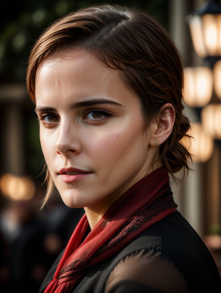 Portrait of Emma Watson wearing black blouse with red scarf, ultra realistic