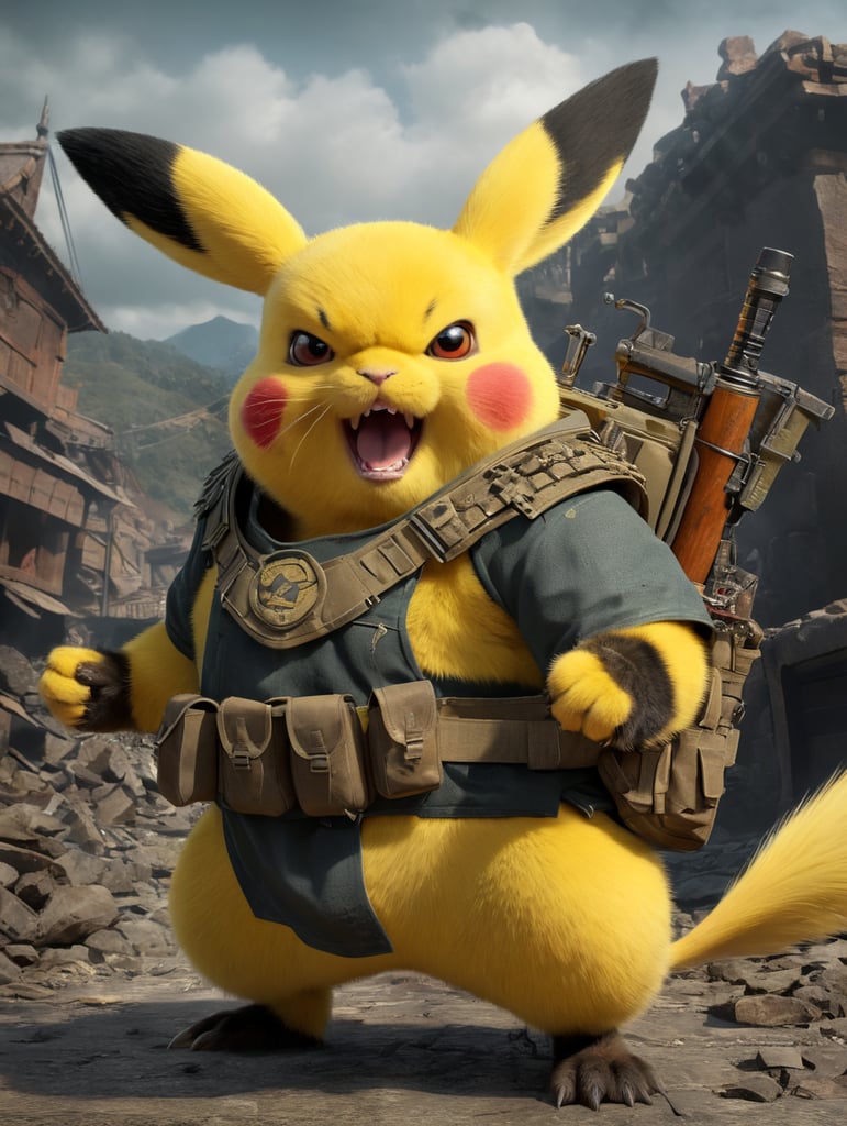 pifatchu is the angry fat brother of pikatchu. pifatchu has fangs and claws to shred you face, he wear military clothes and hold an AK