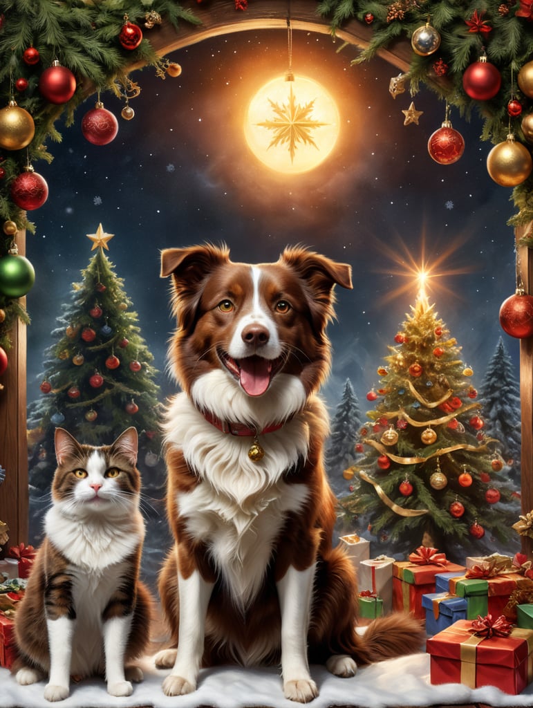Brown Border collie and cat celebrating Christmas behind a banner that reads “Gorchen”