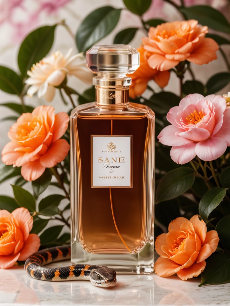 Luxury perfume bottle with blanc label, snake next to the bottle, floral background, pink and orange flowers