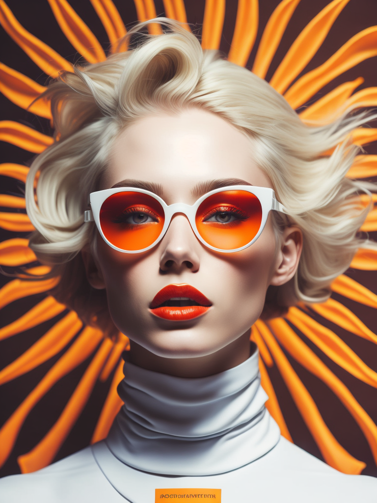 Pale-skinned girl model, wearing a high-necked dress, contrast lighting, white sunglasses with red-orange lenses, red lips, blonde hair in a bob style, dark background with orange-red rays, fashion model, magazine cover, professional shot,