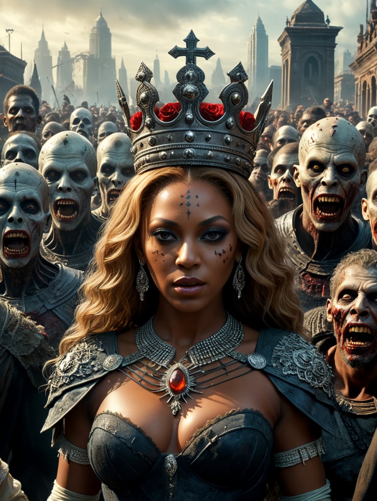 By George A. Romero and Clive Barker, imagine Beyoncé as the Queen of the Dead, rising from a cursed grave to lead an army of zombies through a city engulfed in fear and chaos, eerie, horrific, bloody, Halloween, cinematic photography, action shoot, movement, epic, high definition