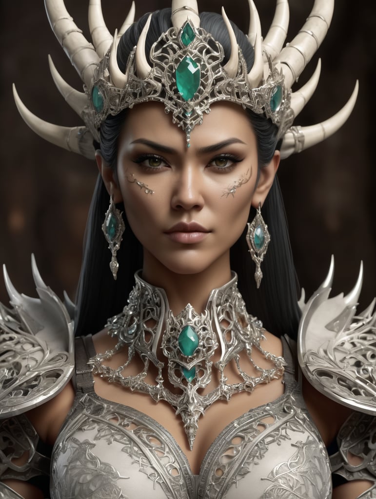 female mortal Kombat character wearing filigree bone jewel amour and a ultra realistic crown made of bones and thorns. must be hyper detailed and intricate.