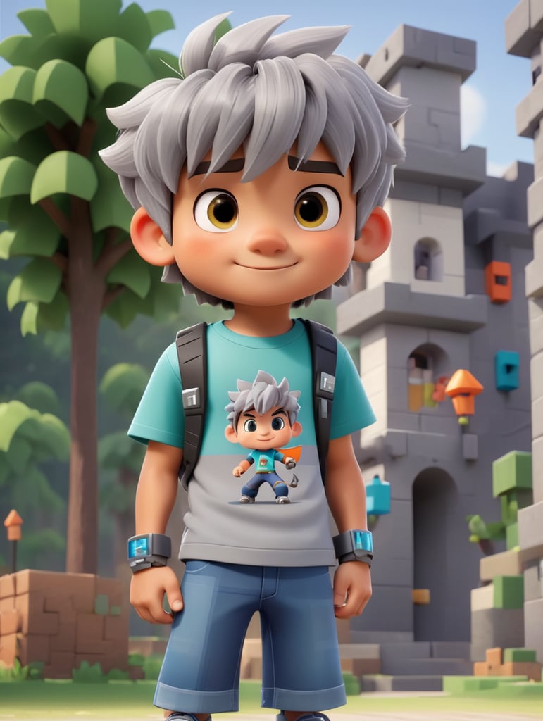 A Minecraft skin of a little boy with a gray t-shirt and a bracelet with gray hair