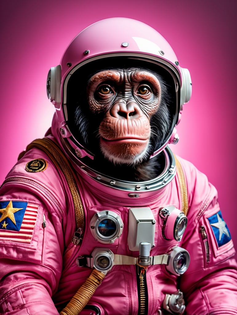 A chimpanzee going to space, wearing pink color astronaut suit, Vivid saturated colors, Contrast light, studio photo, professional photo, Detailed image, detailed face