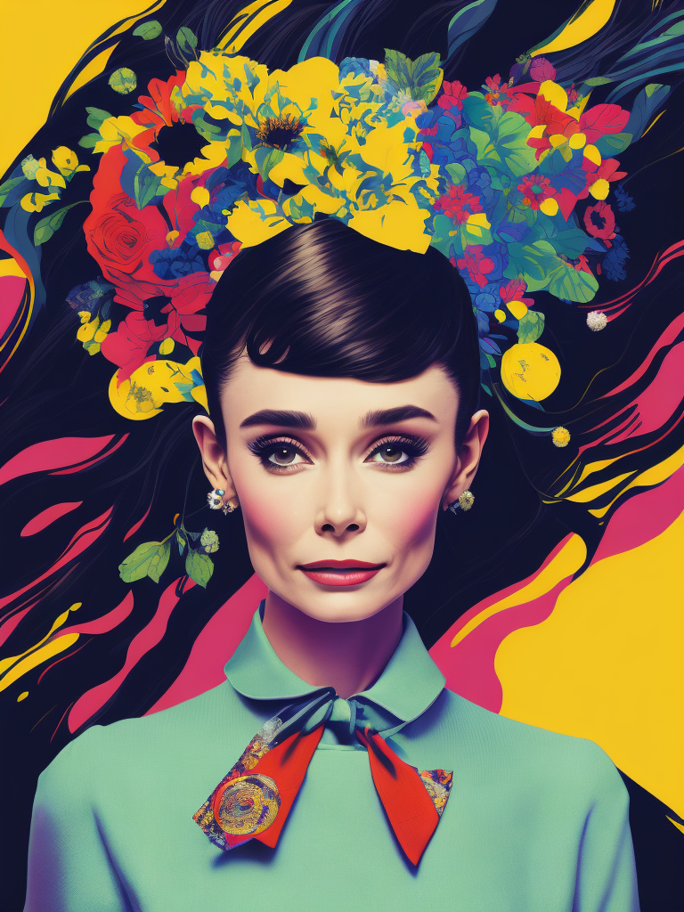 Portrait of Audrey Hepburn, Album art, gorgeous stunning vibrant digital art by Yoh Nagao and Ken Price, no written text. octane render, gloss. inspired by mellon collie and infinate sadness digital collage artist john craig