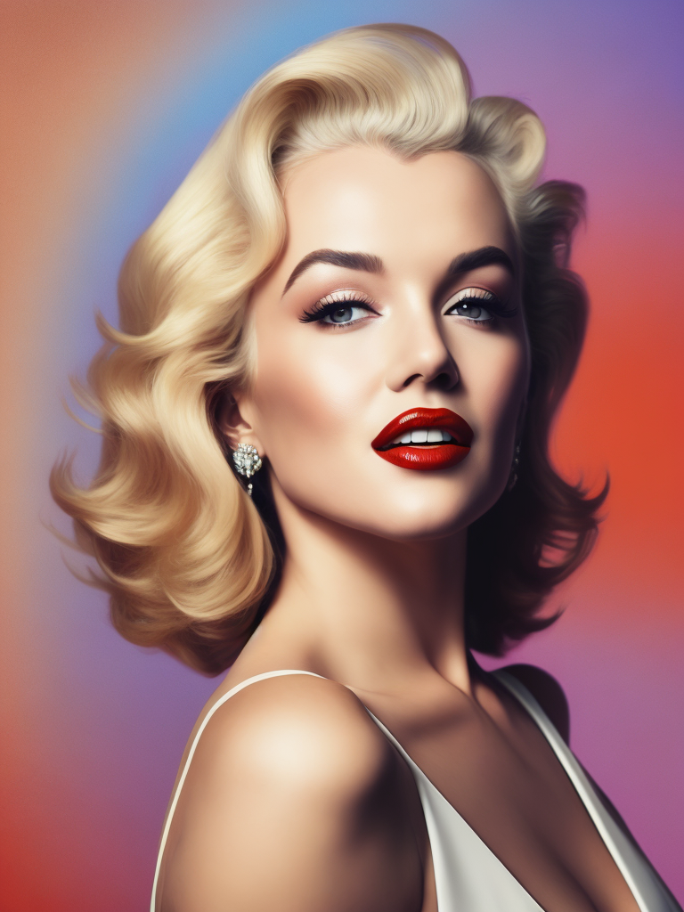 Portrait of Marilyn Monroe, ultra realistic, blonde hair, white dress, bright makeup, gradient background,