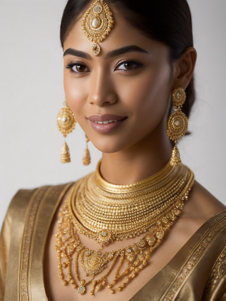 Gold jewelry, gold necklace, full view, india style, center, no neck, no pendant, bright color, white background, realistic, high resolution, highly details