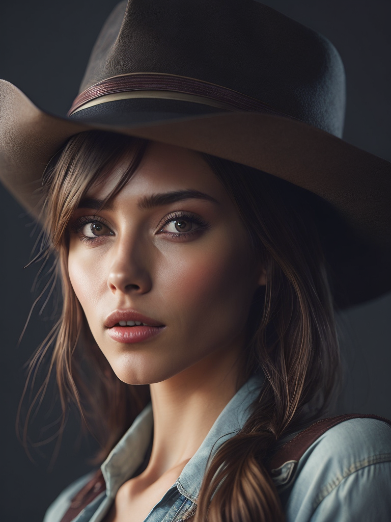 Ultra detailed facial portrait of beautiful woman, wearing cowboy hat, extremely detailed digital painting, in the style of préraphaélite, mystical colors, rim light, electric lighting, stunning scene, west american painting, big sky