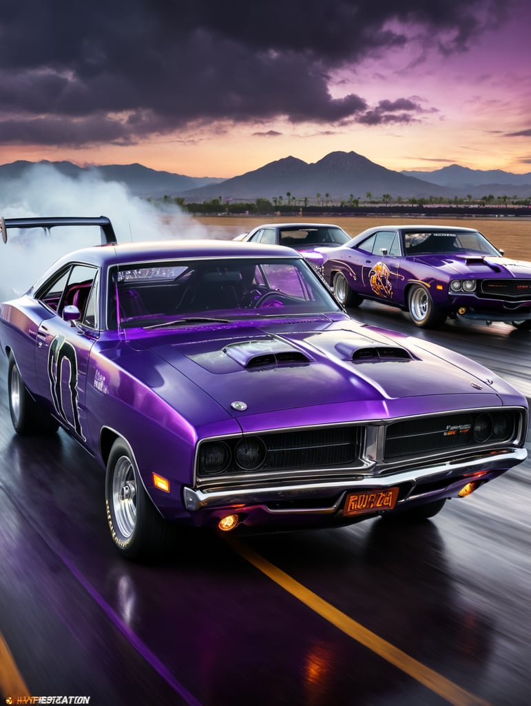 Souped up purple halloween dodge charger, drag racing death on a horse