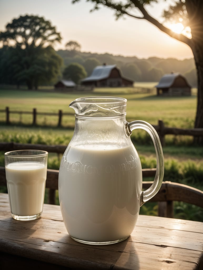 A mockup of a jug of milk, early morning, farm blurred background