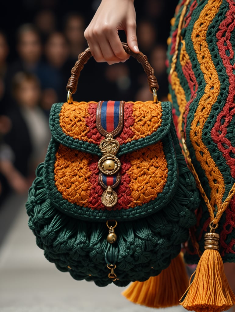 a closeup photo of a small puffy macrame purse made with puffy cords, a Gucci model standing on a runway holding bag with one hand, vogue fashion show, autumn colors