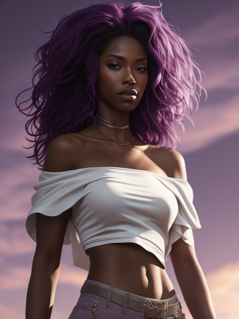 a woman with afro hair and a white shirt is standing in front of a purple sky with clouds and a pink hair, upperbody, midriff, Brom, flat colors, a character portrait, digital art, dark-skinned_female, dark_skin, navel_piercing, off_shoulder, pink_hair, purple_background, sky, long_hair