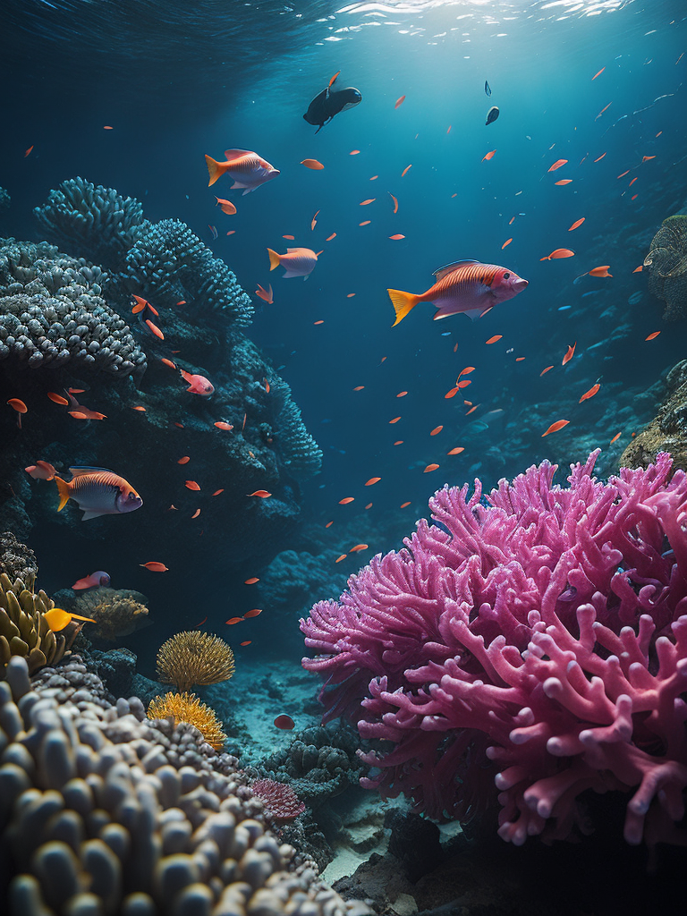 Bring to life a magical underwater scene with colorful coral reefs and exotic fish