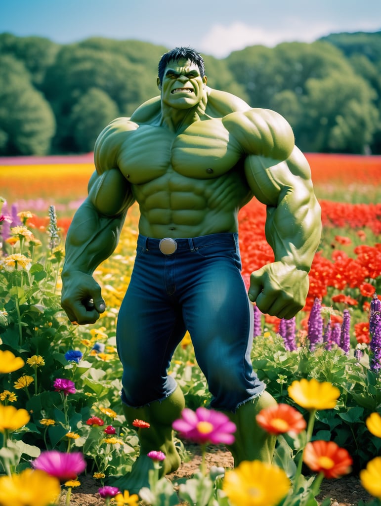 Happy hulk standing in a beautiful field of flowers, colorful flowers everywhere, perfect lighting, leica summicron 35mm f2.0, kodak portra 400, film grain