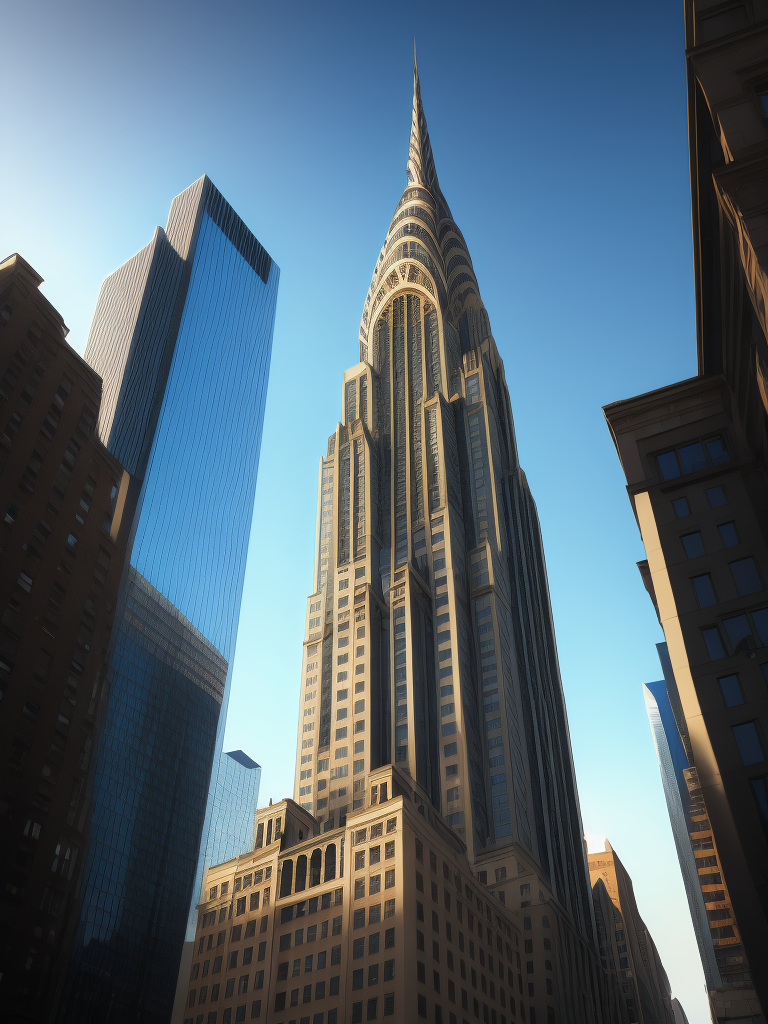 Chrysler Building, New York in the background, Blue sky, Vibrant colors, Deep colors, Contrast lighting, Sunny day, High detail, Sharp details
