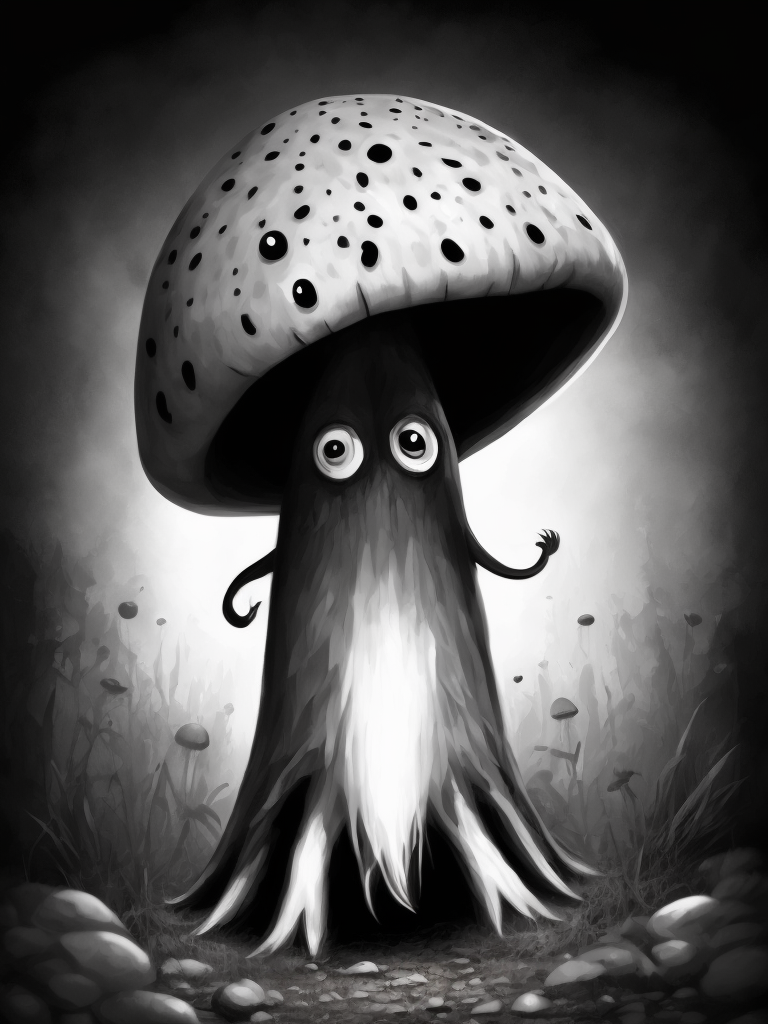 mushroom monster, black and white illustration