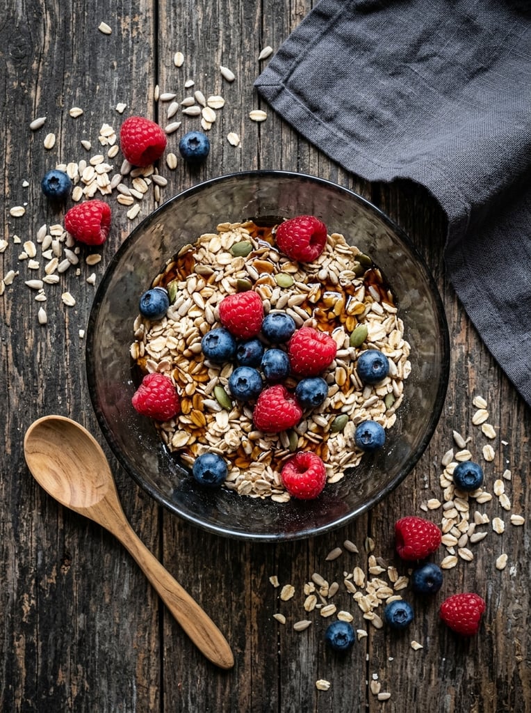 Top-down flat lay of a rustic breakfast bowl, mottled dark translucent bowl filled with rolled oats, sunflower seeds, plump blueberries, vibrant raspberries, glistening dark syrup drizzle, set on a dark weathered wooden surface, scattered raw oats and loose berries surrounding the bowl, light wooden spoon at bottom left, folded dark grey linen cloth at top right, directional natural lighting, soft shadows, high-contrast food photography, sharp focus, earthy tones with bright red and blue berry accents