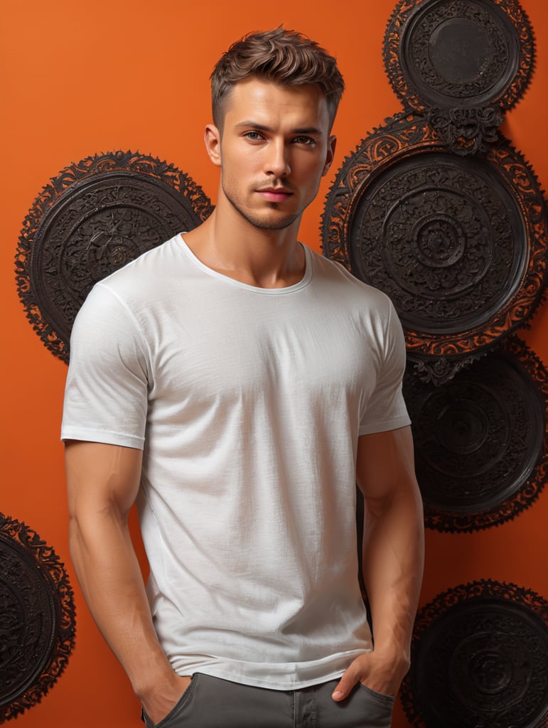 young male in plain white casual tshirt on orange background