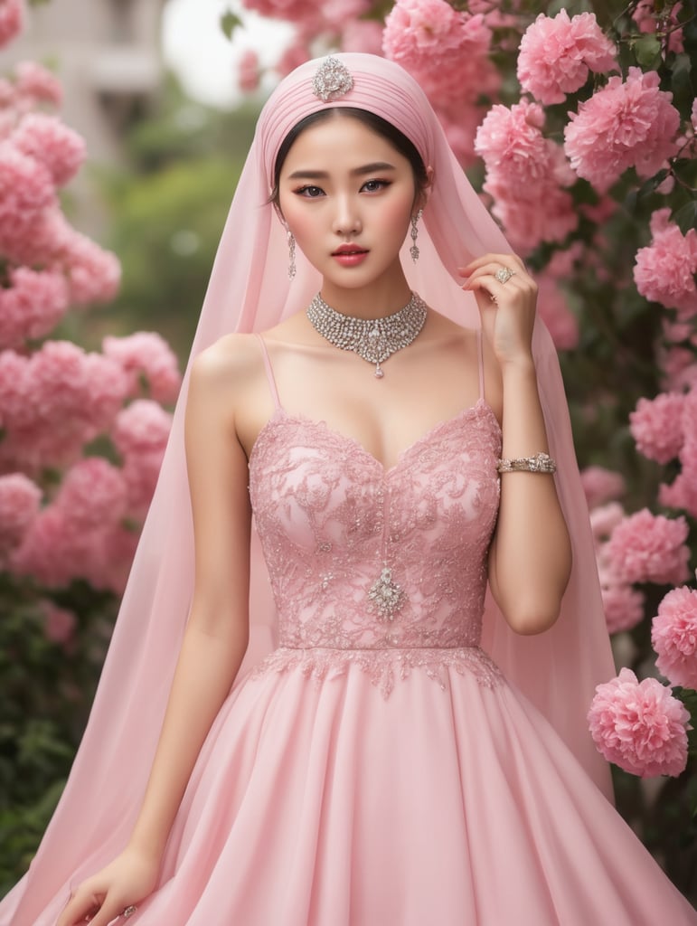 beautiful 20 year old Korean model, full body, beautiful, pink dress and expensive jewelry, wear hijabi, expensive low-cut dress, pouty lips, sharp-focus, very sharp, high-quality, color, unique, one image, realistic, award-winning photograph, Canon EOS 5D Mark IV DSLR, f 8, ISO 100, 1 250 second, natural light, professional, –ar 2:3